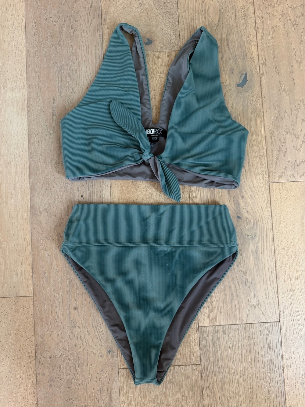 Beach Riot Sage Green Ribbed Knot Bikini Set High Waist Bottoms Size Medium